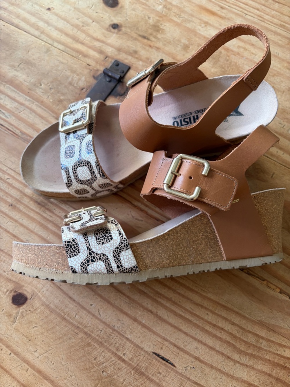 Mephisto Lissandra Cork Wedge Platform Sandals Leather Brown Cream Gold Size 10 - Picture 2 of 14